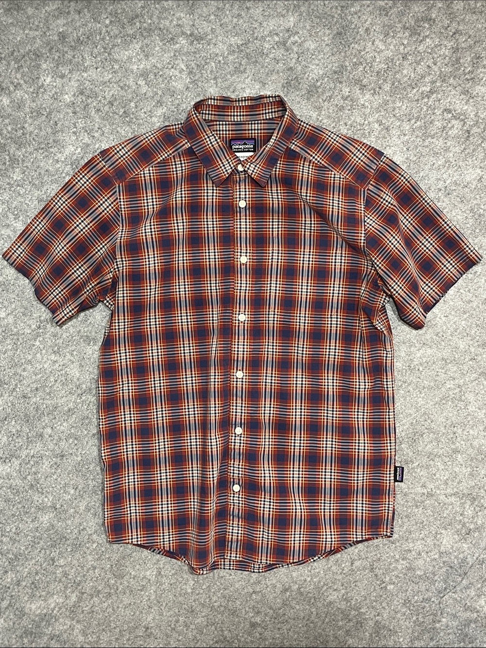 Patagonia Short-Sleeve Plaid Button-Up Shirt in Navy & Orange